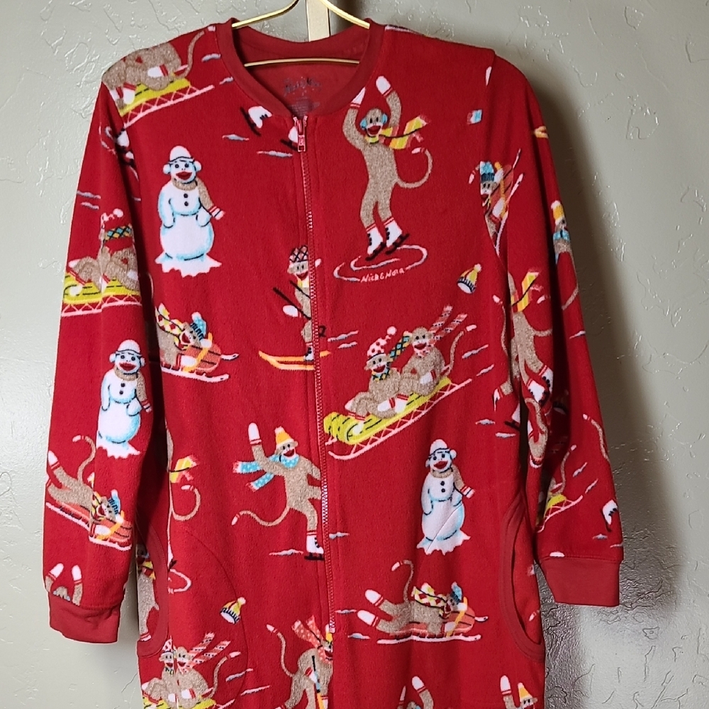 Nick & Nora Red Sock Monkey Pajama Onesie Snowman Snow Sports Small